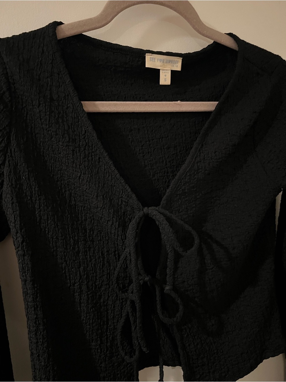 Black Tie-Front Long Sleeve Top - Picture 4 of 4
